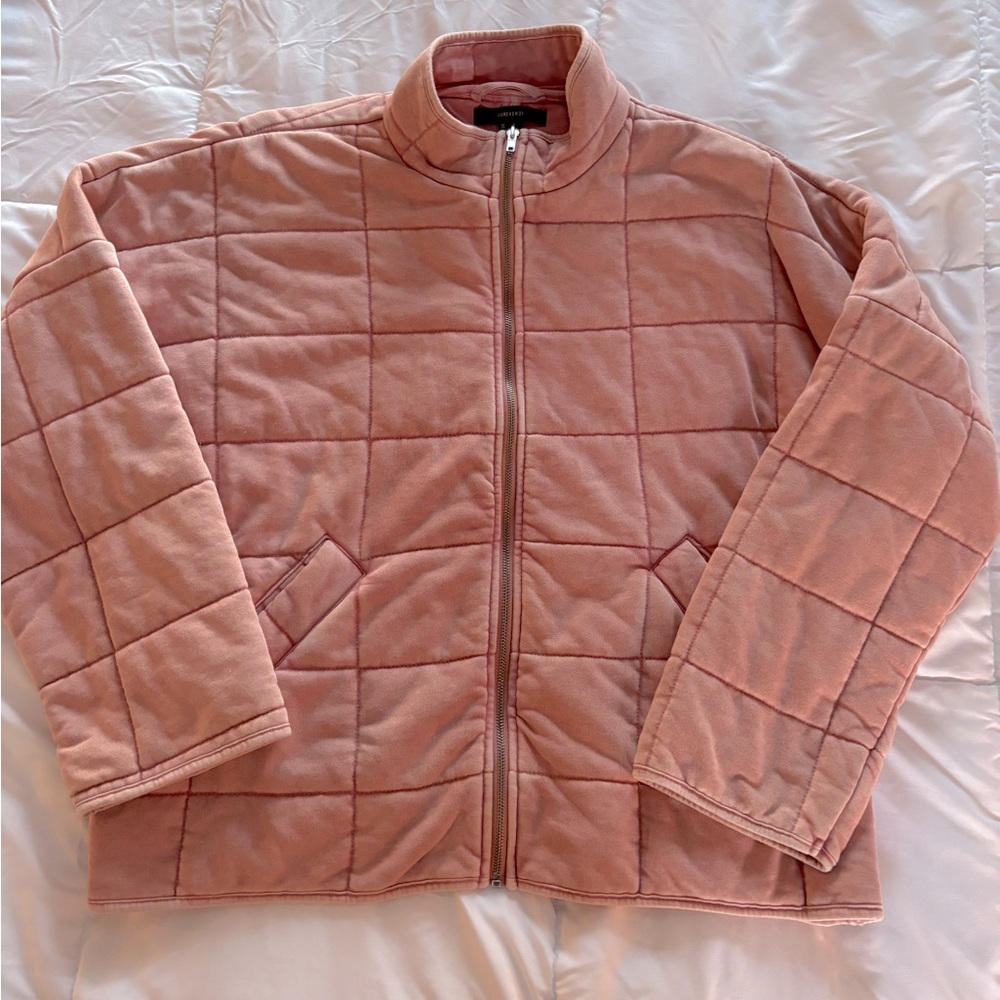 Forever 21 Quilted Zip-Up Jacket Sweater Women’s Large Light Pink